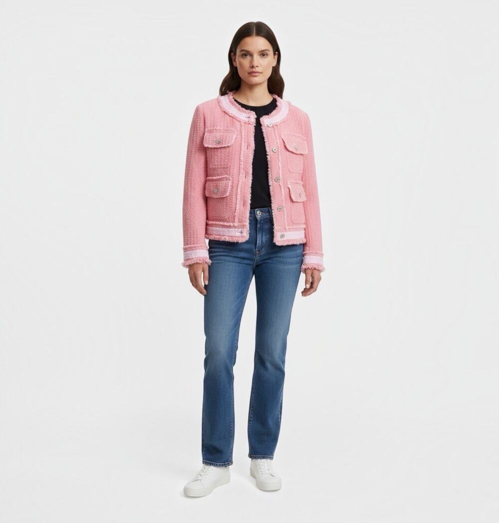 POL Pink Textured Tweed Jacket Small Frayed Trim 4 Pocket Boho NWOT